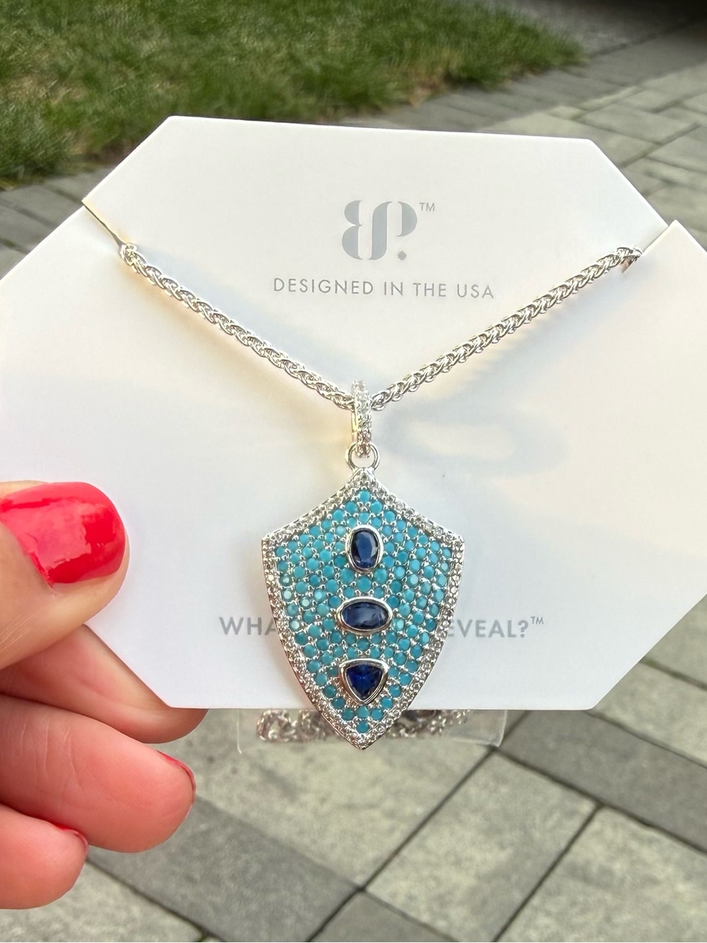 BP new - rhodium Shield Pendant Necklace with Turquoise and Blue Stones